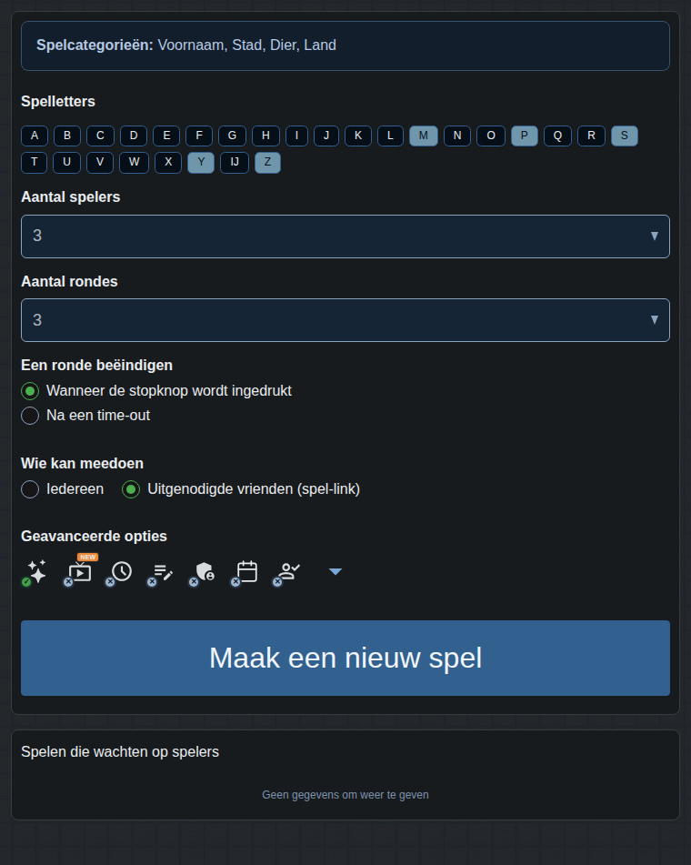 Formulier voor het maken van een spel